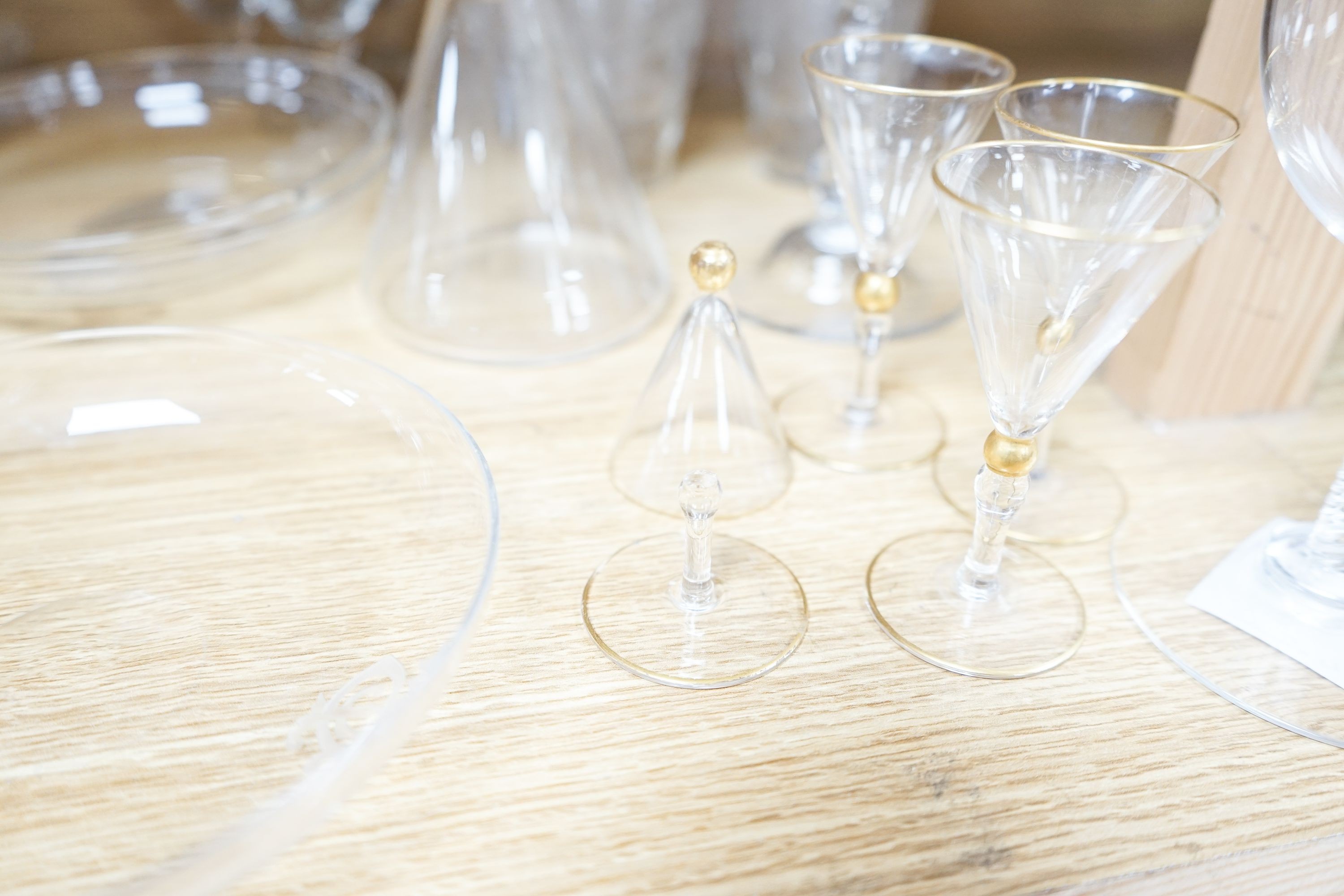 Drinking and other glassware, including an 18th wine glass with an engraved armorial (AF)